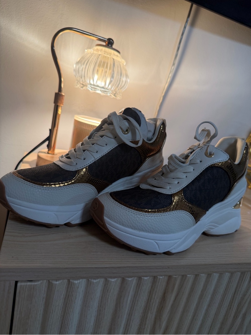 Michael Kors White, Navy & Gold Platform Sneakers